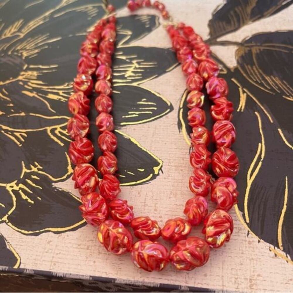 Vintage West Germany Lucite Pink Roses and Aurora Borealis Bead Necklace B3